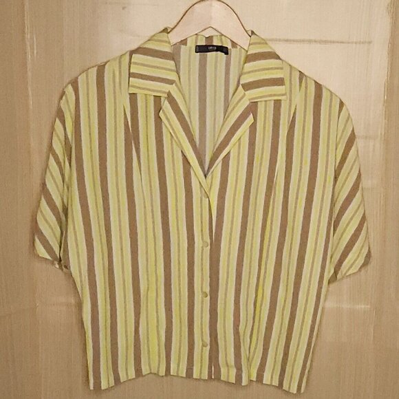 MNG Yellow Tan Striped Cropped Silky Flowy Button Down 6 - Picture 1 of 6
